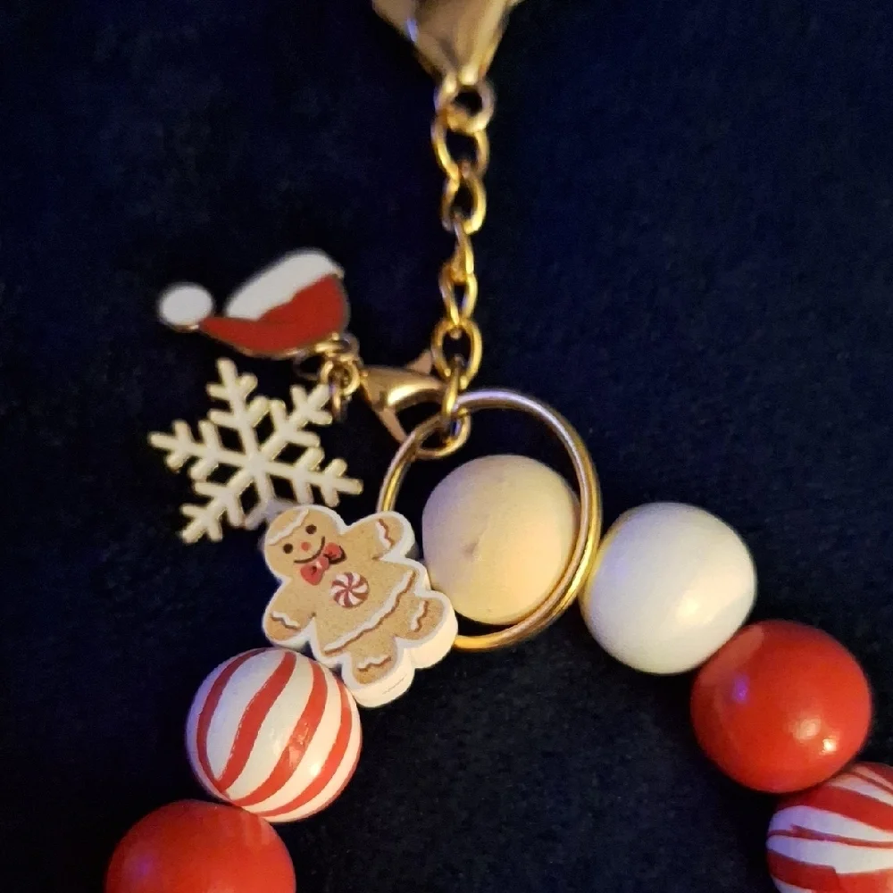 Festive Holiday Red and White Beaded Keychains Bracelets